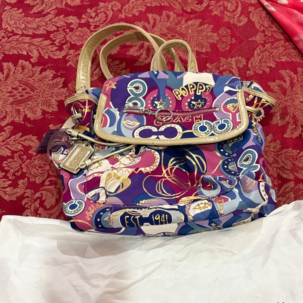 Authentic Coach Poppy Multicolor Gold Accents Medium Backpack - Picture 2 of 16